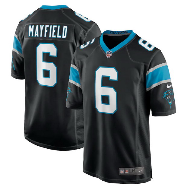 mens nike baker mayfield black carolina panthers home player game jersey